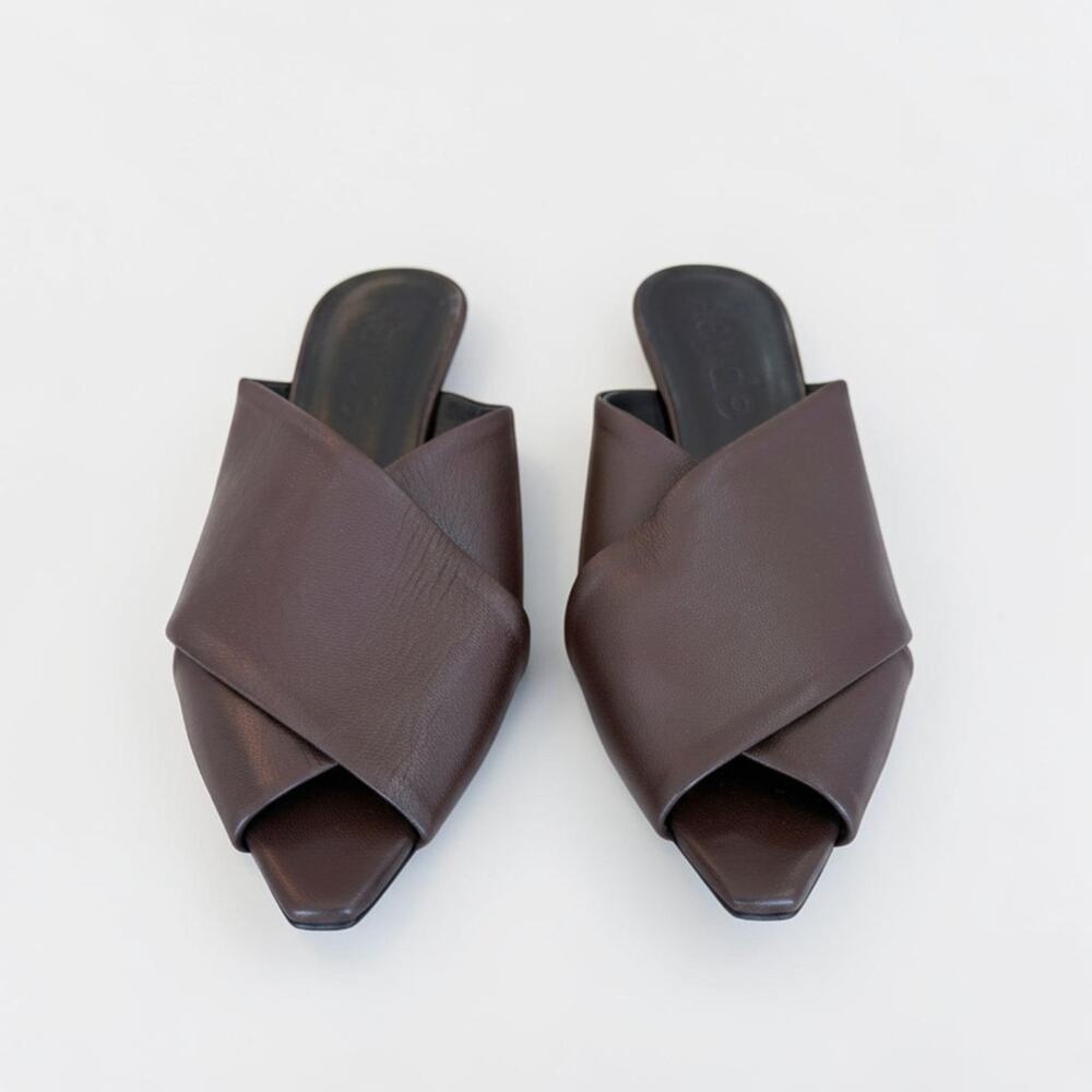 Aeyde Espresso Leather Crisscross Mule Sandals — Size 37